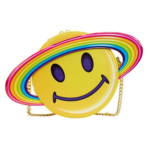 Crossbody bag in the form of Lisa Frank's Saturn Smiley with rainbow rings around it.